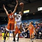 SCOTT ROEDER | Staff PhotographerSenior Keyonna Johnson drives to the basket against the much larger Princeton center, Devona Allgood. For UCI, this game was all bad.