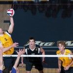 SCOTT ROEDER | Staff PhotographerCole Reinholm, Kevin Welch, and Connor Hughes (left to right) battle it out against UC Santa Barbara.