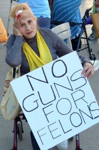 Activists hold signs advocating for increased gun control.